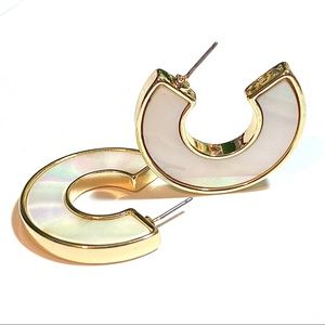 Anthropologie Gold Plated Mother of Pearl C Shaped Chunky Hoop Earrings